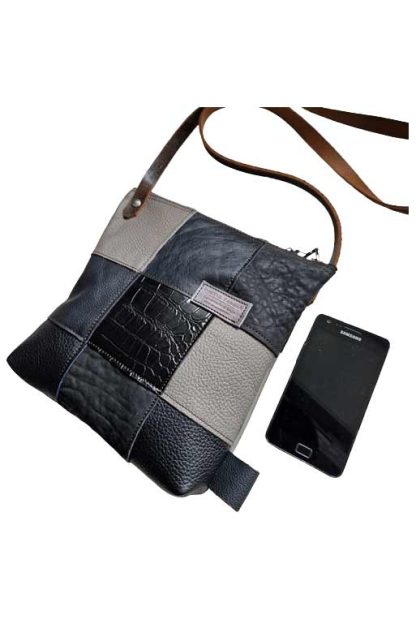 Tas Leer Patchwork Grijs Zwart